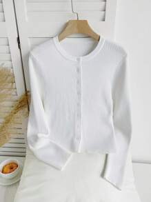 Comfortcana 大码休闲圆领长袖纽扣针织毛衣，秋冬