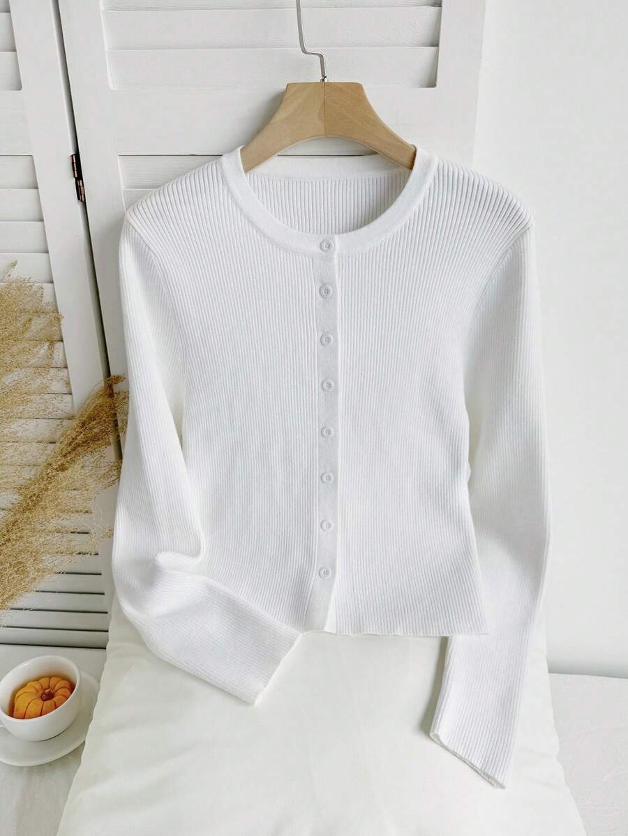 Comfortcana 大码休闲圆领长袖纽扣针织毛衣，秋冬