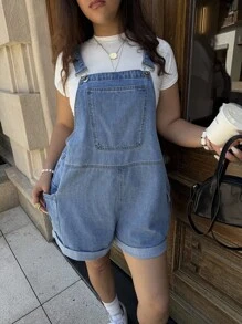 Dripcurv Plus Size Women's Summer Casual Streetwear Collegiate Style Flap Pocket Denim Bib Overall Shorts,Back To School