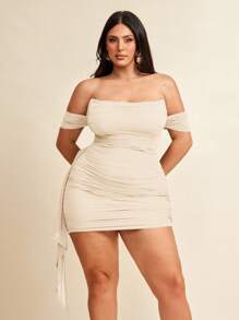 SHEIN BAE Plus Size Women's Black Ruched Hem Ruffled Tie Waist Netted Knit Off Shoulder Elastic Casual Mini Dress, Suitable For Daily Wear, Outing, Date, Afternoon Tea, Vacation, Spring/Fall, Back To School Season,Formal Dresses For Women/ Plus Size Ruched Dress/ Off The Shoulder Dress/ Bodycon Dress,Fall Dresses For Women - Apricot - View 5