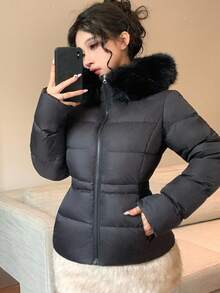 DAZY 女式纯色连帽毛领收腰保暖内衬厚棉服秋冬夹克 - 黑色 - 查看 1