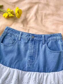 Soleia 女式扎染刺绣荷叶边下摆口袋休闲牛仔迷你裙 - 淺色水洗藍 - 查看 3