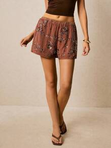 Poéselle 女式花卉亮片松紧腰时尚短裤 - 棕色 - 查看 4
