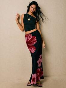 Poéselle Women's Skirts Mesh Print Maxi Skirt Black Skirt Elegant Women's Vacation Floral Print Mermaid Hem Elegant Skirt Summer For Women Summer Summer Bottoms Country Concert Festival For Women Beach For Woman Y2k Maxi Skirt - Red - View 2