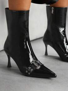 CUCCOO SZL Giày bốt cổ ngắn nữ mũi nhọn, khóa điều chỉnh, gót cao bóng bẩy, thời trang. - màu đen - Xem 4