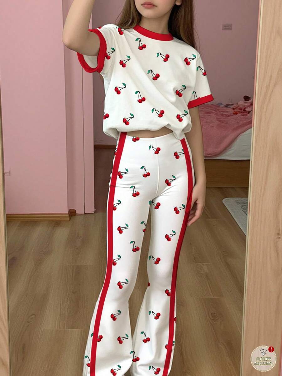 SHEIN Tween女孩可愛波點櫻桃印花2件套,白色與紅色美式短袖上衣與長褲,夏季校園Tween女孩服飾套裝 - 彩色 - 查看 1
