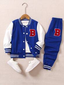 SHEIN 2pcs/Set Young Boys Jacket Outfit, College Style Cardigan&Matching Pants, Autumn, Career Day, Back-To-School Knitted Baseball Collar Letter B Suit - Blue - View 8