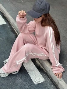 DAZY 少女羊毛衫套装，休闲宽松拼色设计，秋季 - 粉色 - 查看 1