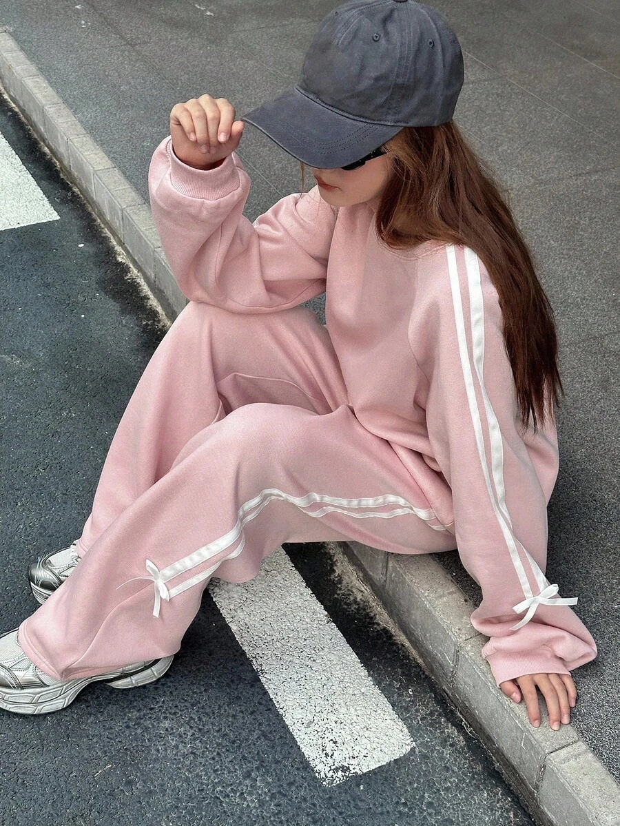 DAZY 少女羊毛衫套装,休闲宽松拼色设计,秋季 - 粉色 - 查看 1