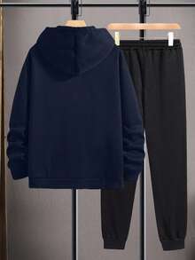 Cottnline 2pcs Men's Letter Print Hoodie And Sweatpants Set - Navy Blue - View 2