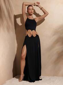 Hauture Váy Maxi xẻ cao gợi cảm khoét sâu dành cho nữ có chi tiết khoen tròn, mặc đi nghỉ dưỡng mùa hè, đi nghỉ dưỡng - màu đen - Xem 1