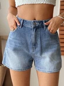 Livesso Pantalones cortos vaqueros azules de tiro alto y desgastados para mujer, nueva llegada, corte evasé, favorecedores para estatura baja, pantalones cortos de verano versátiles y de moda