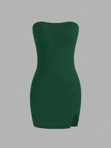 Sweetra Váy ngắn mùa hè không tay ôm sát màu trơn cho nữ - Màu xanh lá cây đậm - Xem 7