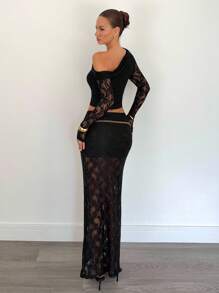 Siren Gaze New Black Sheer Elegant Lace 2-Piece Set For Women, Autumn Black Lace Two Piece Set Elegant Two Piece Set,Off-The-Shoulder Lace Top Winter Black - Black - View 2