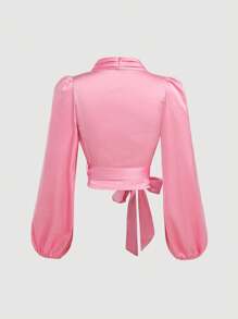 SHEIN MOD Women's Pink Wrap-Around Tie-Up Bow Batwing Sleeve Blouse,Women Shirts,Glittery Blouse,New Years Top