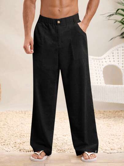 Manfinity VCAY Men's Lightweight Breathable Casual Linen Beach Baggy Pants, Summer Vacation Men Linen Pants Men Wide Leg Linen Pants Men Loose Casual Pants Black Linen Pants Men Men Linen Bottoms