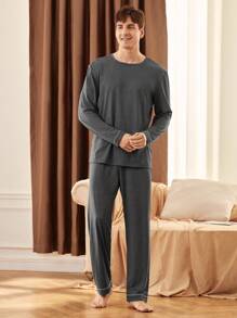 Manfinity Underwear&Sleepwear Basics 2pcs Men Solid Color Crew Neck Long Sleeve T-Shirt And Pants Loungewear Set