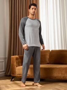 Manfinity Underwear&Sleepwear Basics 2PCS Men's Contrast Color Patchwork Long Sleeve Top & Pants Pajama Set Basic Loungewear Sleep, Fall Winter Clothes - Light Grey - View 8