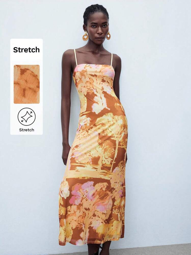 SHEIN Maija Women's Orange Floral Print Adjustable Strap Mesh Fabric Simple Elegant Sexy Summer Vacation Party Holiday Going Out Slim Maxi Dress