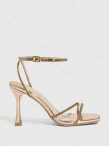 CUCCOO SZL Women's Champagne Rhinestone Decor Square Toe High Heel Sandals, Commute, Date And Party Occasions For Christmas - Champagne - View 7