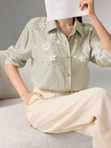 Heiryn Camisa elegante con decoración floral 3D y adorno de rhinestones para mujer - Gris - Ver 5