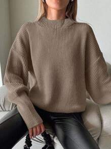 EURMUSE Women Casual Simple Solid Color Ribbed Drop Shoulder Loose Knit Sweater - Mocha Brown - View 4