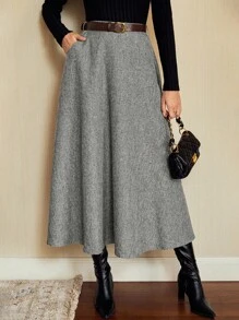 Vintamour 复古优雅女式高腰带口袋半身裙，宽松喇叭裙，休闲工作服冬季女装感恩节女装冬季，女式圣诞派对新年除夕感恩节假期冬季半身裙 - 淺灰色 - 查看 4