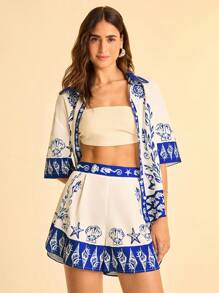 CAJUNI Women's Vacation Blue & White Ocean Elements Printed Elastic Waist, Arc Hem Side Slit, Beach Shorts, Summer,Beach Vacation Outfits - Multicolor - View 4
