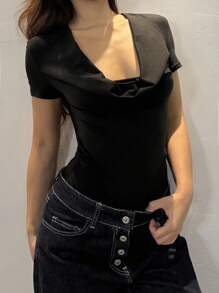 SHEIN Unity Body da bagno con schiena scoperta, collo profondamente drappeggiato, elegante, sexy, minimalista, casual, adatto per uso quotidiano estivo per donne - nero - Visualizzare 5