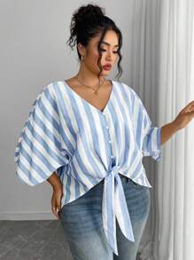 Elenzga Plus Size V-Neck Blue And White Striped Shirt,Loose Tie Front Top With Shoulder Straps,Summer Smart Casual Vacation Blouse - Multicolor - View 3