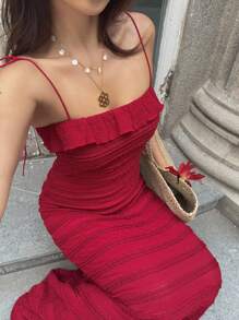Sunnyshic 女士多层荷叶边细肩带甜美层叠连衣裙 - 酒紅色 - 查看 4