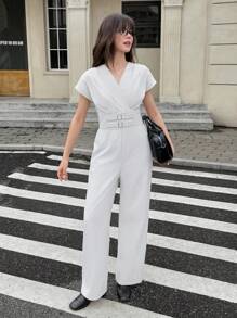 青少年/年轻女士夏季柔软V领收腰阔腿连体裤 - 杏色 - 查看 3