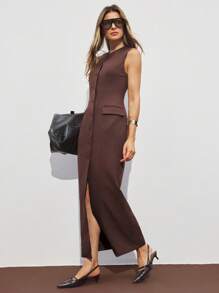 ATUI Studio 女式纯色休闲简约纽扣前无袖连衣裙 - 巧克力棕 - 查看 5