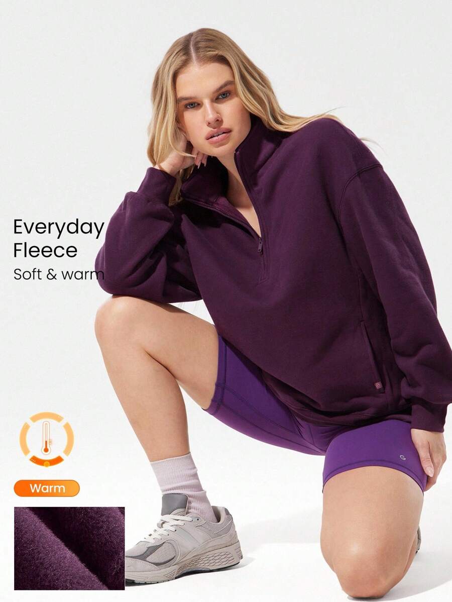 GLOWMODE 日常羊毛宽松齐臀半拉链长袖运动衫，带侧袋，日常休闲秋冬 - 櫻桃可樂 - 查看 1