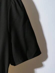 Franclia 女士优雅通勤纯色泡泡袖纽扣连衣裙，夏季黑色纽扣连衣裙，经典黑色连衣裙，法式黑色连衣裙，纽扣中长连衣裙，夏季大学校园服装 - 黑色 - 查看 3