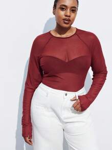 Maija Femmes grande taille Top transparent à manches longues raglan, col rond, couleur unie. Automne, rentrée scolaire, homecoming, vintage, romantique, mode, polyvalent ; confortable, élégant, casual, simple, porter au quotidien, essentiel, couleur unie, décontracté pour les vacances, décent, célibataire, mode élégante, décontracté pour le travail, sortie, remise des diplômes, enseignante, automne