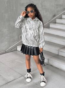 SHEIN Tween Girls Back To School Bestseller Leaf Print Hoodie Sweatshirt, New Loose Comfortable Casual Fashion Versatile Streetwear