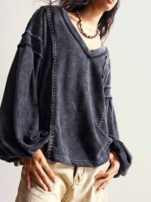 Bohemela Áo thun dệt kim tay dài cổ chữ V màu trơn phong cách Boho dành cho nữ, mùa thu/đông - màu đen - Xem 4