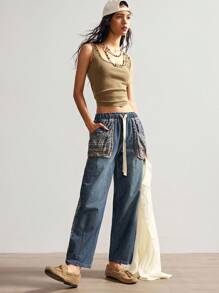 Bohemela Quần denim họa tiết dệt đơn giản, màu trơn, dáng rộng, phong cách Boho, thường ngày dành cho nữ, thu/đông - Màu xanh lam - Xem 6