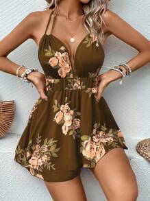 Breezaya Bộ đồ liền thân không tay cổ khoét sâu họa tiết hoa dành cho nữ - màu nâu - Xem 7