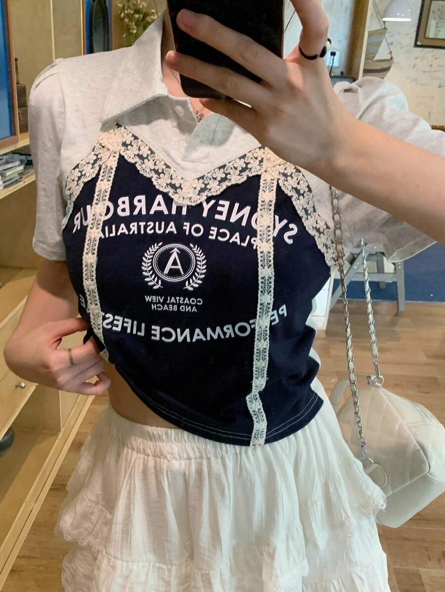 DAZY Retro American Colorblock Lace Decor Letter Print Short Sleeve T-Shirt - Navy Blue - View 1