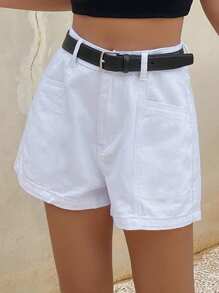 Livesso 女士夏季高腰休闲大口袋牛仔短裤 - 白色 - 查看 4