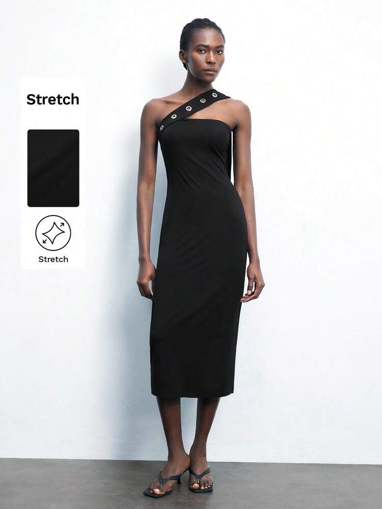 SHEIN Maija Women's Black Urban Chic Sexy Commuter Solid Color Spaghetti Strap Metal Hollow Out Decor Asymmetric Midi Fitted Dress, For Outdoor Music Festivals