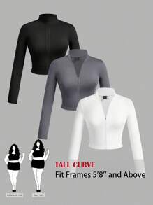 SHEIN Tall CURVE 大码 3 件套女式简约休闲秋冬弹力高领拉链 V 领长袖 T 恤，白色+黑色+灰色 - 彩色 - 查看 1
