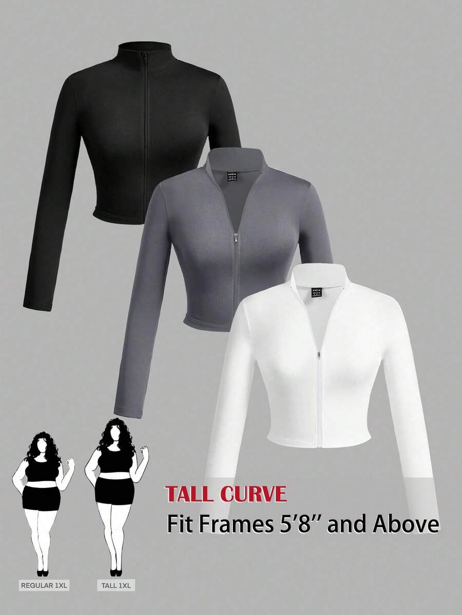 SHEIN Tall CURVE 大码 3 件套女式简约休闲秋冬弹力高领拉链 V 领长袖 T 恤，白色+黑色+灰色 - 彩色 - 查看 1