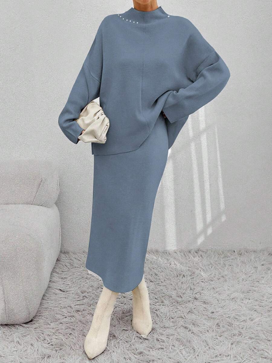 EURMUSE 2件套：仿珍珠细节长袖上衣和针织裙 - 淺灰色 - 查看 1