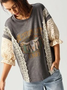 Bohemela 大码休闲复古镂空刺绣撞色蕾丝T恤，女士假日装 - 淺灰色 - 查看 5