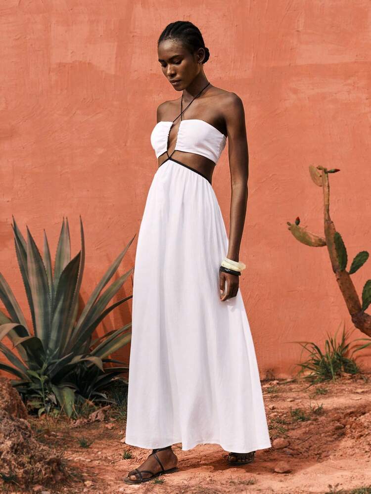 SHEIN Maija White Oversized A-Line Hollow Out Tied Neck Long Dress, Women's Casual Resort Holiday