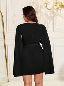 Allurite 女士加大码斗篷式开衩腰带简约V领连衣裙优雅商务休闲夏季女装春装正式女装毕业礼服秋季女装 - 黑色 - 查看 2