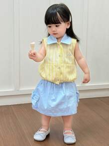Dazy Kids Conjunto de 2 peças de camisa e saia listradas em cores contrastantes para meninas, estilo coreano - Amarelo - Ver 2